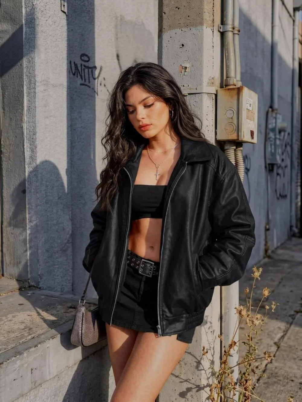 Women's Black Oversized Faux Leather Loose Weight Fall Winter Outerwear Jacket